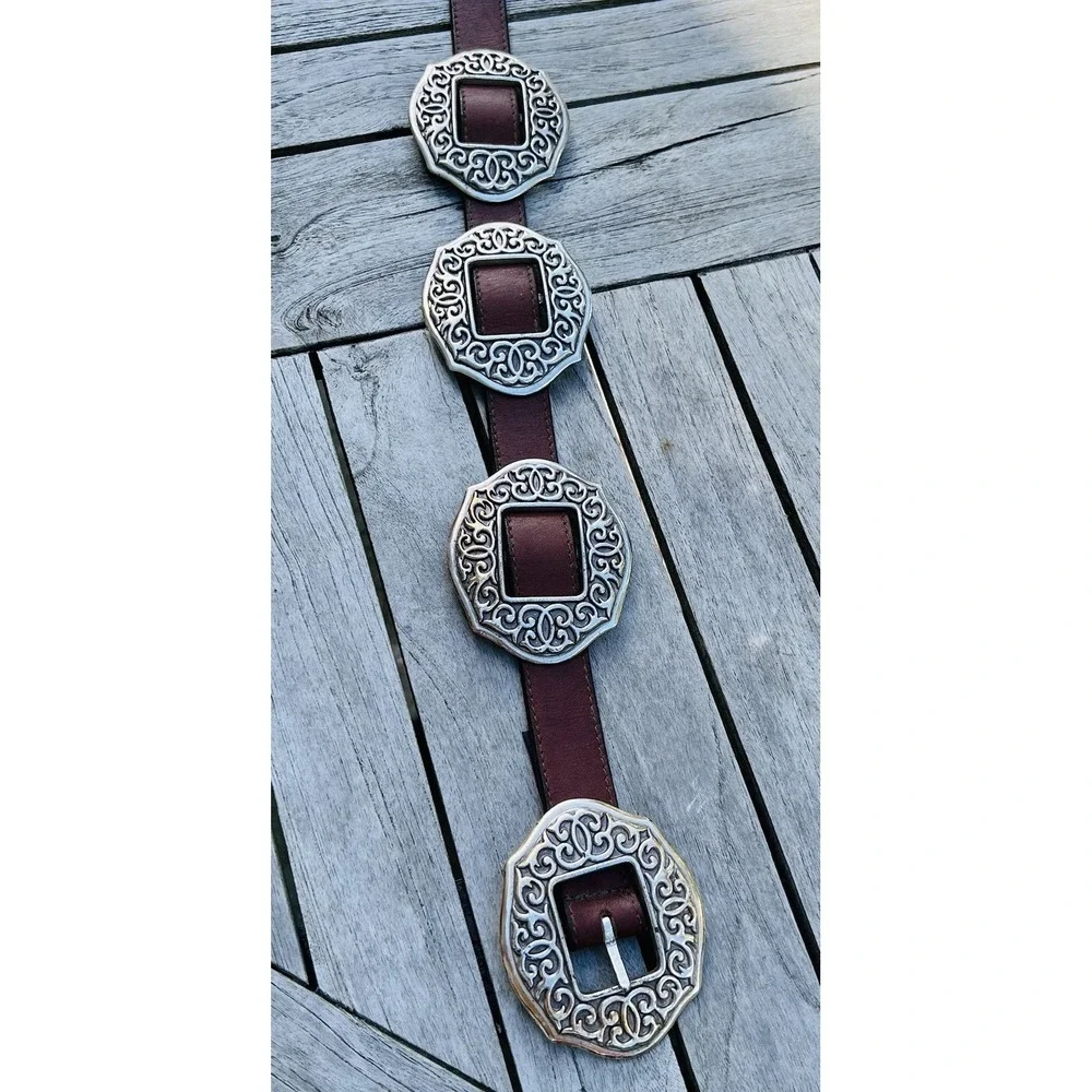 Vtg 90's Brighton Oval Sunflower Concho Belt S Brown Leather Floral Boho Cowgirl - Picture 5 of 15